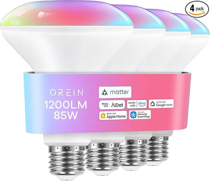 OREiN Matter Smart Light Bulb,1200 Lumens BR30 Smart Flood Light Bulbs Work with Alexa, Apple Home, Google Home, SmartThings, Color Changing Light Bulbs 2.4Ghz WiFi, 85W 4Pack