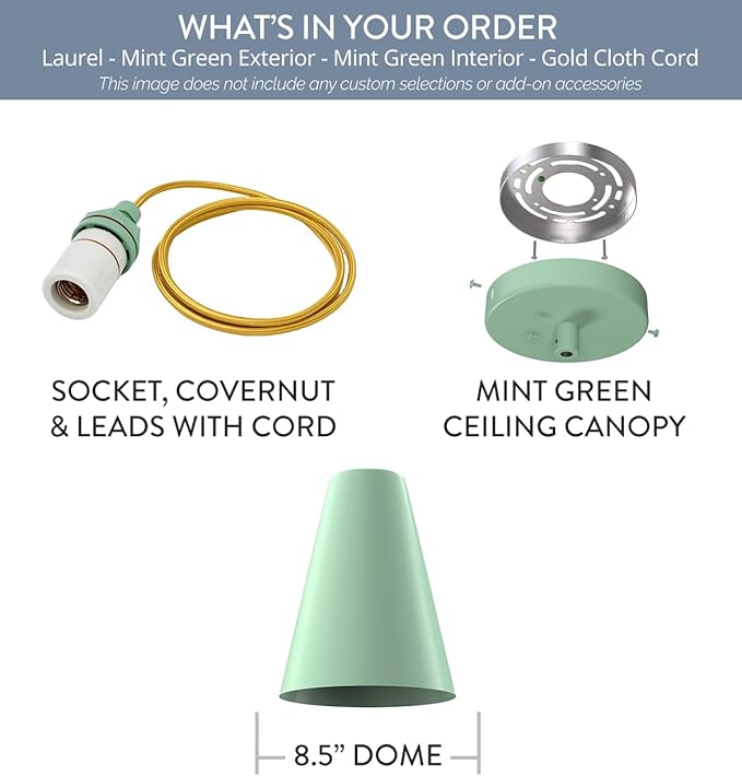 Steel Lighting Co. Laurel Pendant Light | Ceiling Mounted | 8.5 inch Cone Shade | Modern Contemporary Farmhouse Style Made in America | Gold Cloth Cord | Mint Green Exterior/Mint Green Interior