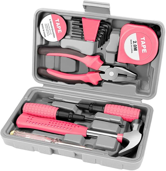 13 Piece Pink Tool Set, Mini Tool Box for Women. Home Tool Kit with Plastic Storage Toolbox for All Purpose Office, Garage, Apartment and College Dorm