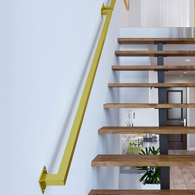 2FT Gold Iron Hand Railing, Sturdy Safety Staircase Handrails Wall Mount, 500lbs Load Capacity Industrial Iron Railing Pipe Handrail for Indoor Stairs Outdoor Deck Loft Porch, Non-Slip and Rust