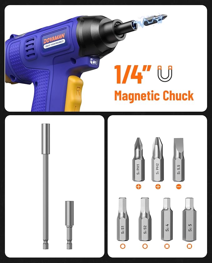 6NM 4V Rechargeable Cordless Electric Screwdriver with Built-In Bit Storage,7 Bits & Carry Box,Type-C Fast Charge,LED Light-E009A