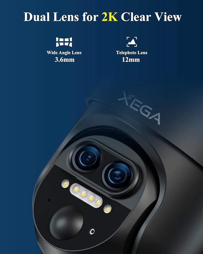 Xega 4G 【12X Hybrid Zoom】 Cellular Security Camera Outdoor with 【Dual Lens】, 2K Solar Wireless PTZ Outdoor Surveillance Camera,Smart PIR Human/Motion Detection, Two Way Talk, Built-in SIM Card, IP66