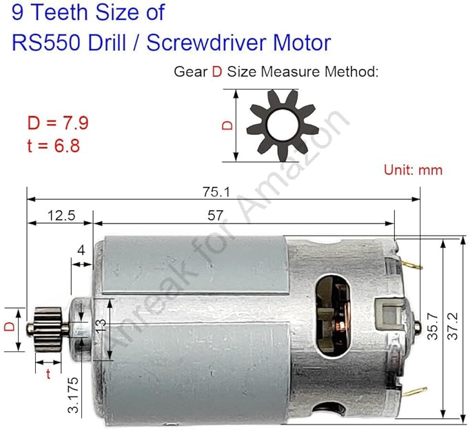 RS550 21V 9 Teeth (Φ7.9mm) Motor for Screwdriver, 9.6-25V 9-15 Teeth 25000 RPM Replacement for Power Drill and DIY Tools