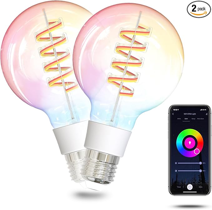 MOES Smart G80 Edison LED Light Bulbs, Color Changing WiFi G25 Smart Bulbs, 2700K-6500K CW& RGB Dimmable, Smart Life Remote Control, Work with Alexa/Google Home, 450lm 5W (50W Equivalent) 2 Pack