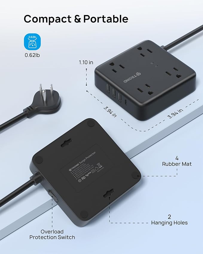 TROND Surge Protector Power Strip with USB Ports, 5ft Flat Plug Extension Cord with Multiple Outlets, 1440J, Wall Mount for Home Office Dorm Room Essentials, Black