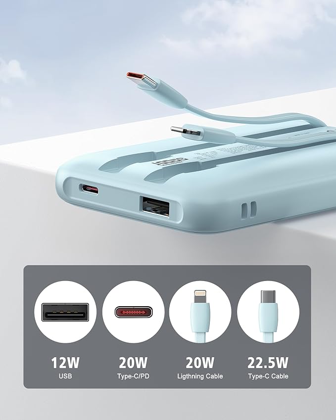 Portable Charger 10000mAh, Cell Phone Portable Power Banks with 22.5W PD Fast Charging, Compact Phone Charger Built in Cable, Compatible with Apple, Samsung, Google, Motorola and More