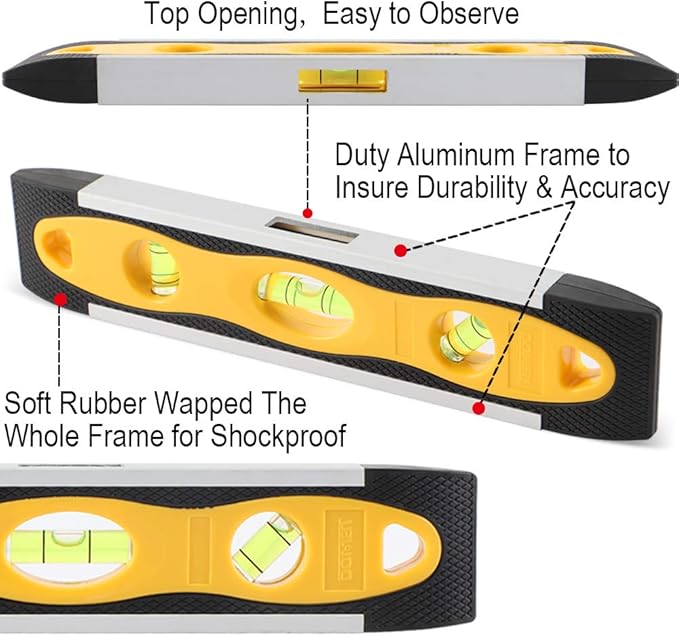 DOWELL Magnetic Level Shockproof Torpedo Leveler Box Spirit 9 Inch Top Vial Alloy Frame 180 90 45 Degree Bubble