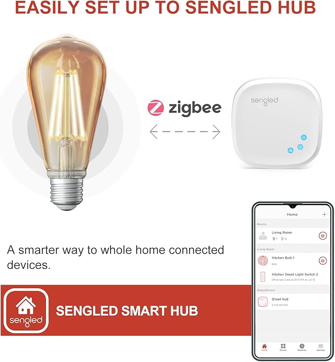 Sengled Zigbee Smart Light Bulbs, Smart Hub Required, Work with SmartThings and Echo with Built-in Hub, Voice Control with Alexa and Google Home, Amber Warm 2000K Smart Edison Bulbs, 60W Eqv. 4 Pack