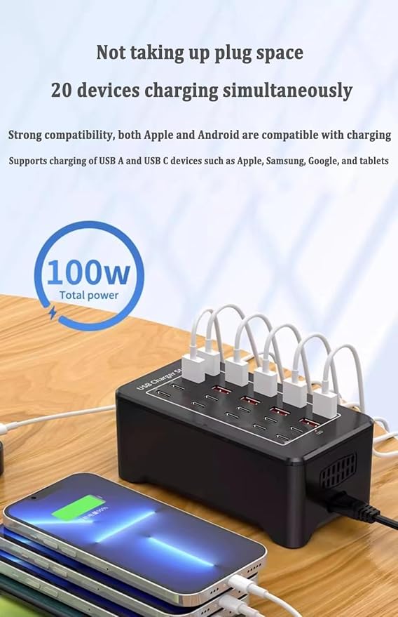 USB C Charger Block, 100W(20A) 20 Port Multiport USB Hub Desktop Fast Wall Charger, 10 Port USB C and USB Charging Compatible for Apple iPhone, iPad, Tablets, Samsung Galaxy