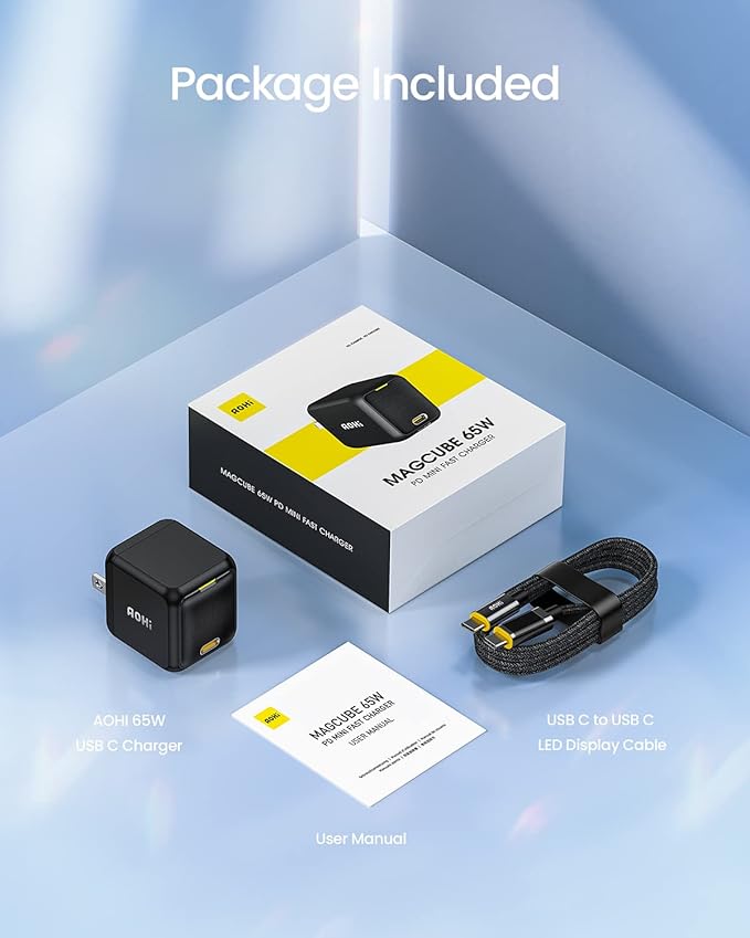 AOHI 65W PD USB C Charger, GaN+ Magcube Fast Wall Charger Power Adapter with 4ft USB C LED Display Cable for Notebook MacBook Pro/Air, Galaxy, for iPhone 15/14/Plus/Pro Max/13/12, Black