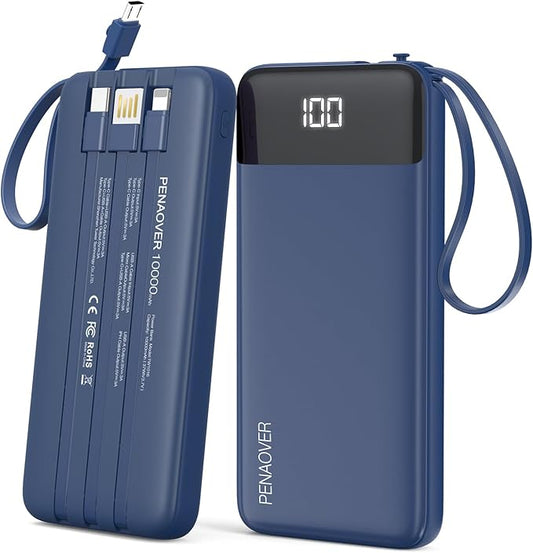 Portable Charger 10000mAh Power Bank with Built-in Cable, 5 Output 2 Input Travel Essential External Battery Pack with LED Display Compatible with iPhone 16/15 Samsung S22 Android,etc