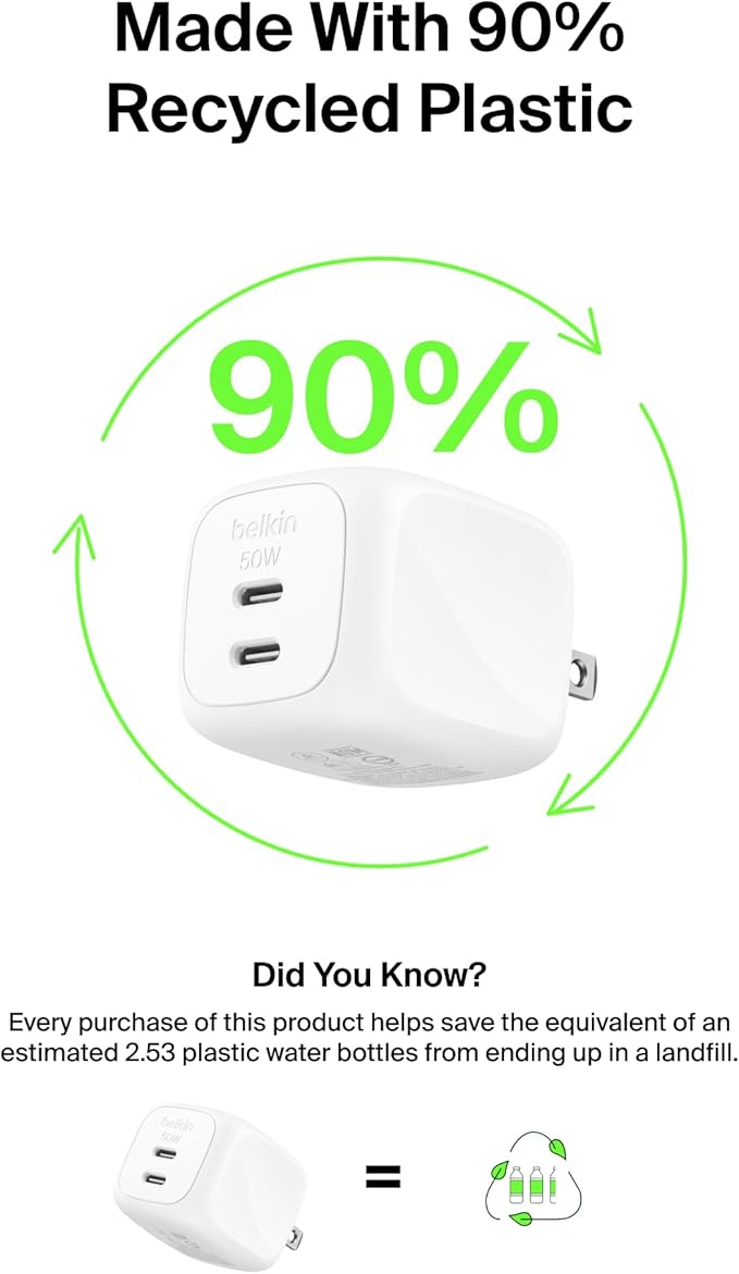 Belkin 2-Port USB C Charger Block 50W, Dual-Port GaN Charger w/ 2x USB C Ports, Fast Charging for MacBook, iPhone 17, iPad Pro, Chromebook, Galaxy S25 Ultra, Pixel 10, etc. - Travel Essentials - White