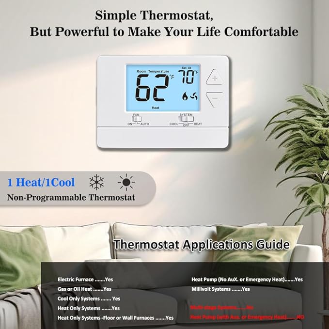 NonProgrammable Thermostat for Home, Digital Energy-Saving Thermostat,Single-Stage Systems, 1 Heat/1 Cool, Easy DIY Install,White Backlight