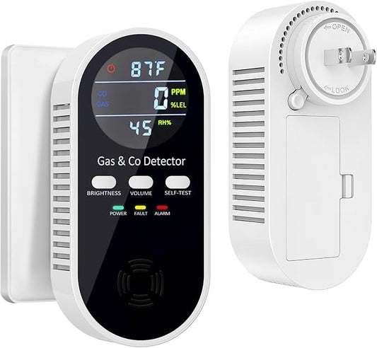 5-in-1 Upgraded Gas & Carbon Monoxide Detectors Plug in, Combination Natural Gas Detector and Co Detector with Temperature & Humidity and Sound, Brightness Control, Built-in 9V Battery (Not Included)