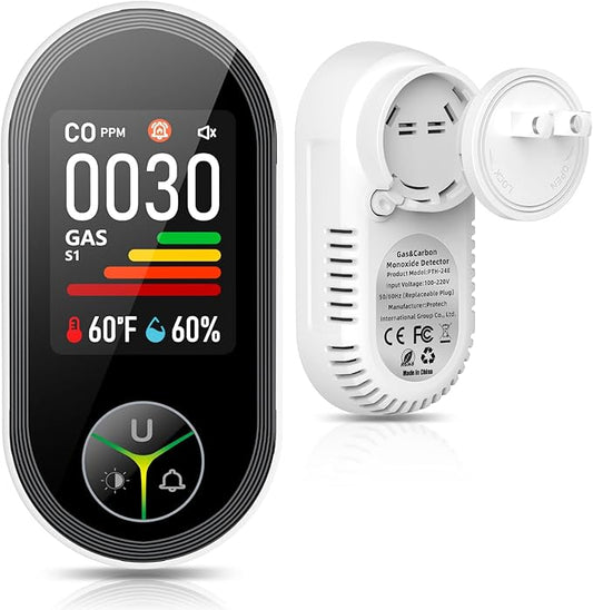 4-in-1 Carbon Monoxide Detectors & Natural Gas Leak Detector Plug in, Combination CO Detector & Combustible Gas, LPG, Methane, Propane Alarm (1 Pack)