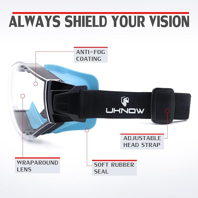 UKNOW Safety Goggles Over Glasses, Anti-Fog Clear Lens, ANSI Z87.1 Protective Eyewear Adjustable Strap, Ideal for Lab Use