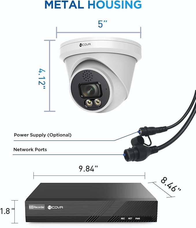 4COVR PoE Security Camera System 4K, 2 Way Audio Talk & Dual Lights Smart Color Night Vision, Person Vehicle Detection, 4X 8MP Dome IP Camera IP67, 8CH 8MP NVR 2TB HDD, 24/7 Home Video, LY97KA8M0804