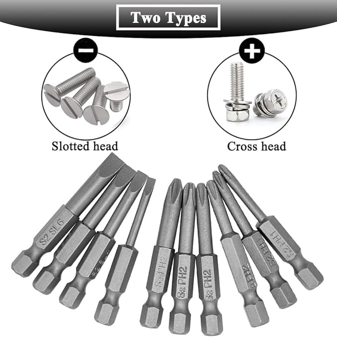 10Pcs 50mm Magnetic Screwdriver Bit Sets Phillips and Slotted Screwdriver Bit 1/4 Inch Hex Shank Drill Bit S2 Steel