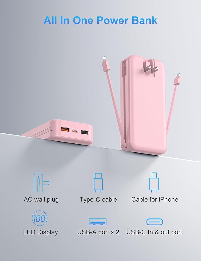 Portable Charger with Wall Plug, 20000mAh USB C Power Bank Fast Charging, External Battery Pack with Built in Cables, Digital Display, 5 Output 2 Input for iPhone Android Cell Phone Tablet