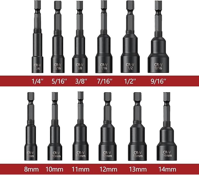 12Pcs Magnetic Nut Driver Set,Impact Power Hex Nut Driver Drill Bit Master Kit, SAE & Metric, 1/4-Inch Quick-Change| Cr-V Steel
