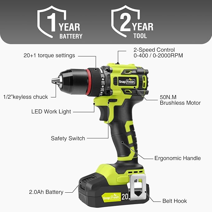 SnapFresh 20V Cordless Brushless Drill Driver, 1/2" Compact Power Drill Set with 500 in-lbs Torque, 20+1 Clutch & 2 Variable Speeds, LED, 2.0Ah Battery & Fast Charger, Electric Tool Kit for Home & DIY