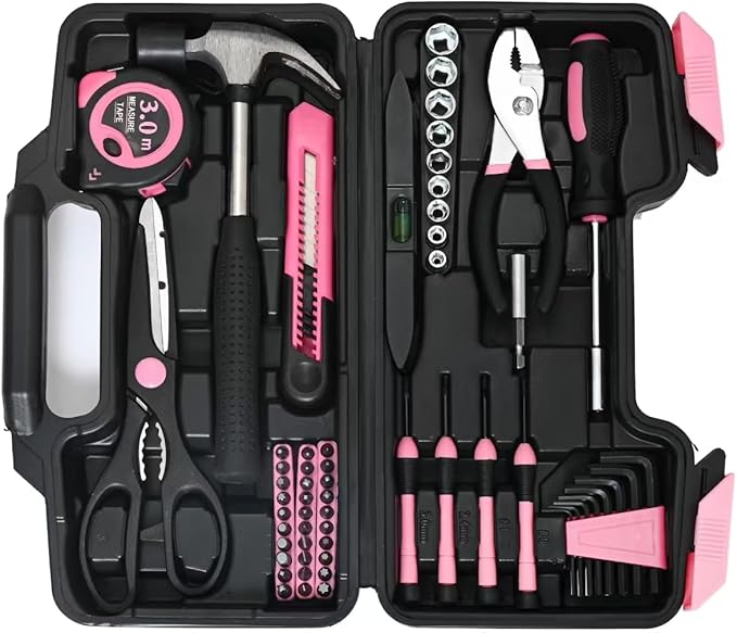 144-Piece Pink Tool Kit Basic Home Repair Tool Set General Household Hand Tool Kit Small Tool Kit with Plastic Toolbox Mini Tool kit for Women, Office & College Repairs
