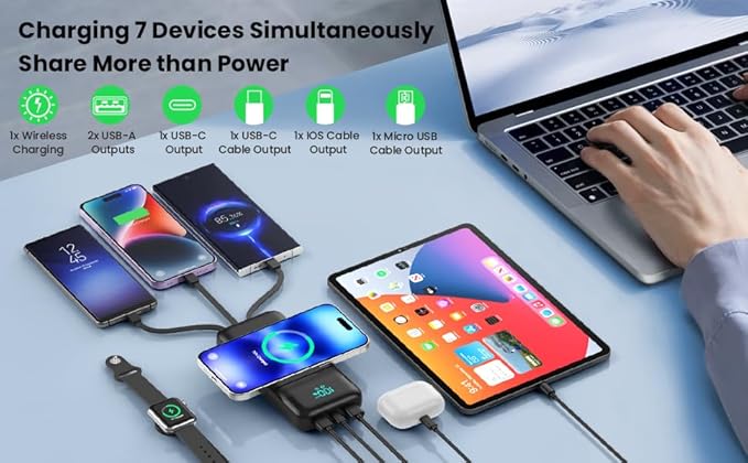 Wireless Portable Charger 40800mAh with 3 Built-in Cables,7-in-1 15W Wireless Charging Power Bank,25W PD QC 4.0 Fast Charging USB C LCD Display Battery Pack for iPhone 16/15/13/12,Samsung,Android etc