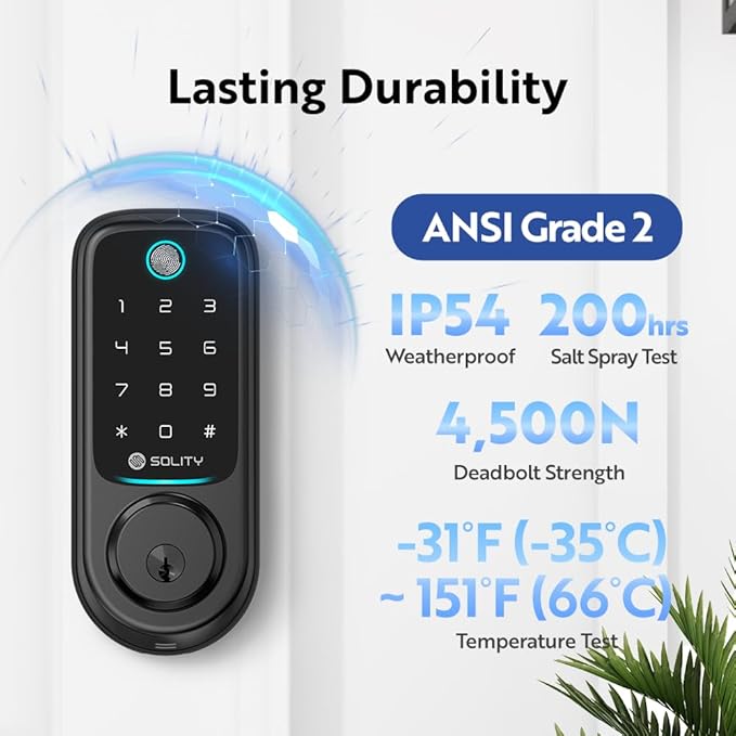 Solity No-Hub Smart Digital Door Lock, 5 in 1 Keyless Entry, Fingerprint, Wi-Fi, Remote Control, Touchscreen Keypad,Auto Lock, IP54 Waterproof (Matt Black, Biometric, GT10BK_MB)