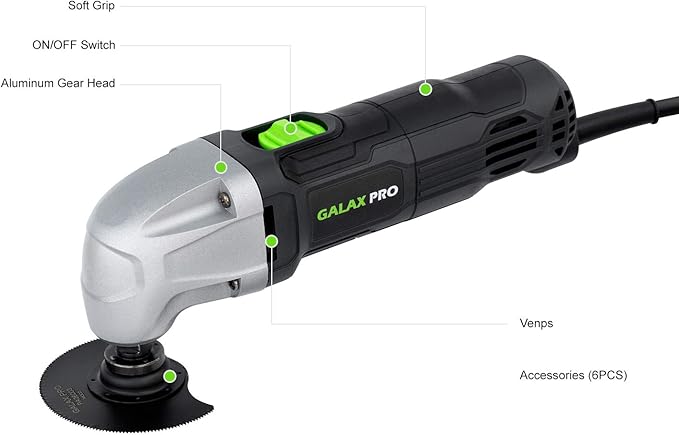 GALAX PRO 22000 OPM 1.5A Oscillating Multi Tool, 3 Degree Oscillating Angle with 3 Pieces Saw Blades, 1 Piece Semi Circle Blade Sanding Plate, 6 Pieces Sanding Papers for Grinding