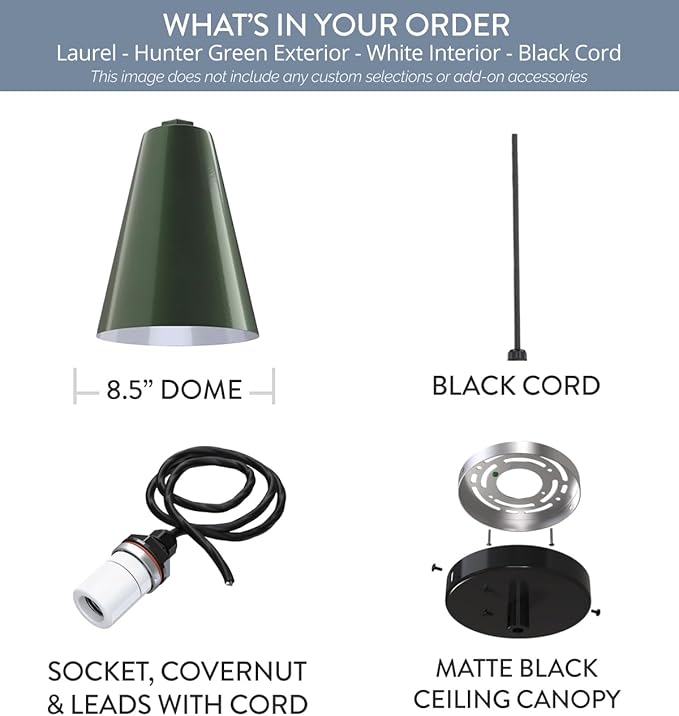 Steel Lighting Co. Laurel Pendant Light | Ceiling Mounted | 8.5 inch Cone Shade | Modern Contemporary Farmhouse Style Made in America | Black Cord |Hunter Green Exterior/White Interior