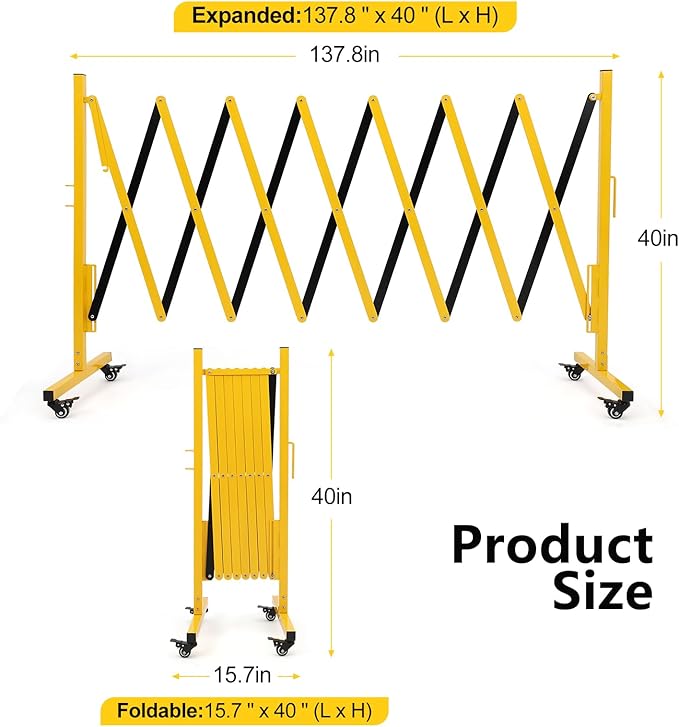 11.5FT Expandable Barricade Gate, Folding Metal Barricade Security Gate with Casters, Retractable Driveway Safety Gate, Adjustable Traffic Fence Crowd Control, for Industrial/Residential Use