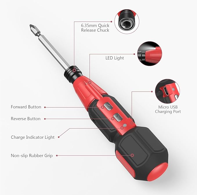 LOFICOPER Cordless Electric Screwdriver Kit, Rechargeable Electric Screwdriver, Mini Power Screwdriver with 10 Bits, 1 Bit Holder, LED Lights, Charging Cable, for Phones, PC, Toys, Black and Red