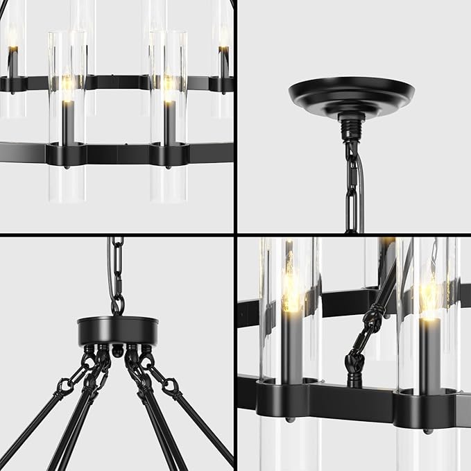 60 Inch Black Wagon Wheel Chandelier, 24 Lights with Glass Shades Light Fixtures, Large Modern Farmhouse Pendant Light for Dining Room, Living Room, Kitchen, Foyer, High Ceilings
