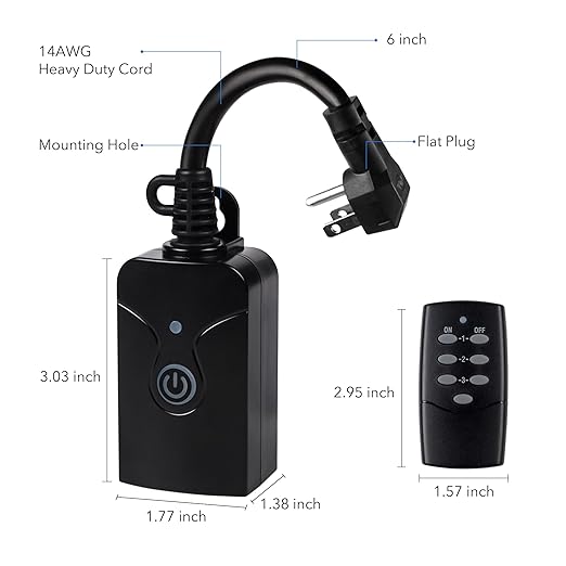 HBN Outdoor Indoor Wireless Remote Control 3-Prong Outlet Weatherproof Heavy Duty 15 A Compact 1 Remote 3 Outlets with Remote 6-inch Cord 100ft Range ETL Listed (Battery Included)