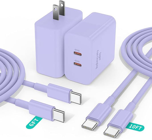 2 Pack 45W Super Fast Charger Type C for Samsung, USB C Android Phone Charger Fast Charging Block with 6FT/10FT Type C Charger Cord for Samsung Galaxy S25/S24/S23/S22+ Ultra/iPhone 17/16/15-Purple