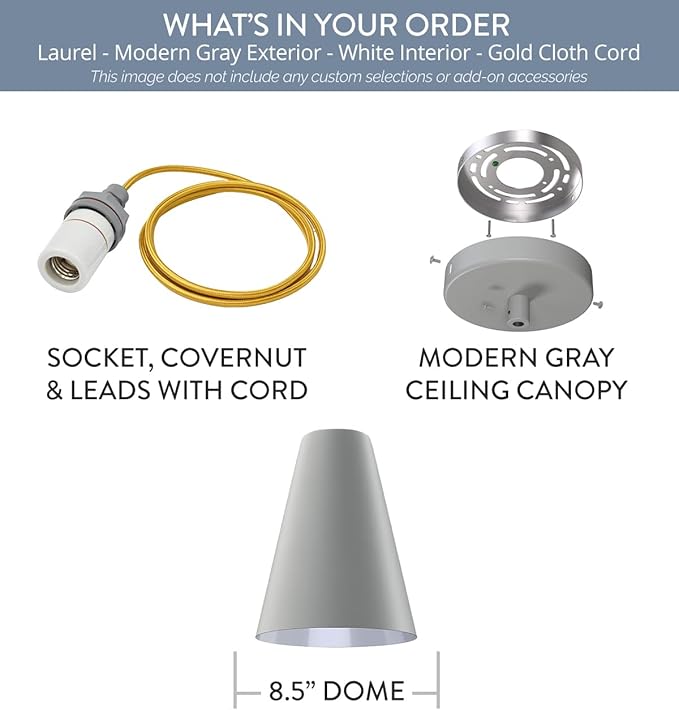 Steel Lighting Co. Laurel Pendant Light | Ceiling Mounted | 8.5 inch Cone Shade | Modern Contemporary Farmhouse Style Made in America | Gold Cloth Cord | Modern Gray Exterior/White Interior