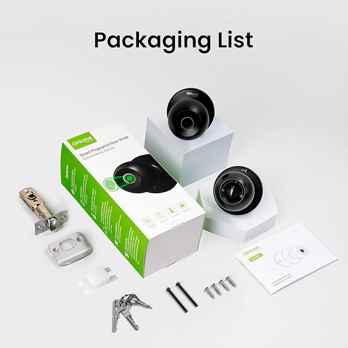 GHome Smart Fingerprint Door Lock, 3 in 1 Smart Fingerprint Door Knob with App Control & Key, Auto Lock, Biometric Thumbprint Door Locks for Bedroom, Garage, Home & Office