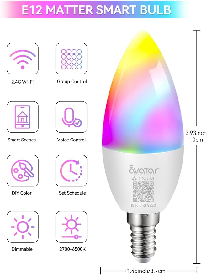 E12 Smart Light Bulb Candelabra - Matter LED Bulb Compatible with Apple Homekit/Alexa(NOT Google Home), No 3rd-Party App, Hub Required, 5W RGBCW Dimmable Candle Light Bulb for Chandeliers & Fixtures
