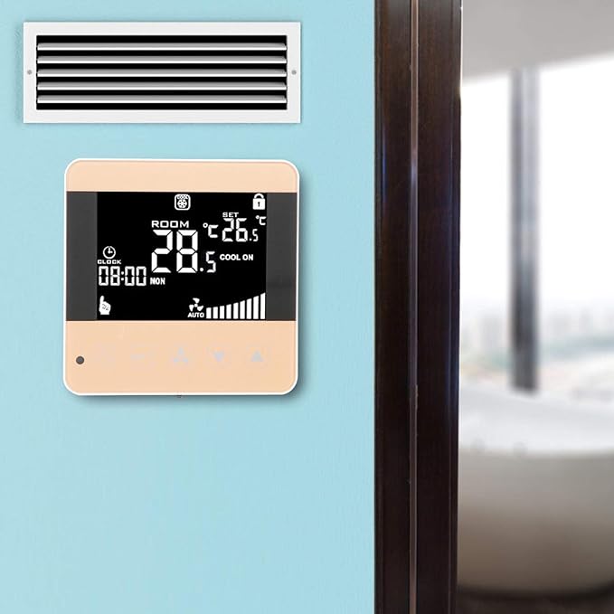Digital Fan Coil Thermostat for Central AC - Smart Programmable Temperature Controller with LCD Display (5-35°C Range) - 4 Speed Modes, Universal for HVAC Systems (AC200-240V)