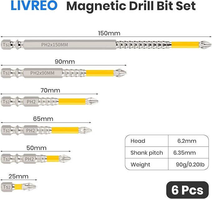 High Magnetic Screwdriver Drill Bit Set, K5 Impact Resistant Non Slip Bit, Strong Magnetic Drill Bit Set, Anti-Slip Magnetic Electric Screwdriver Set, 25 50 65 70 90 150mm (6Pcs)