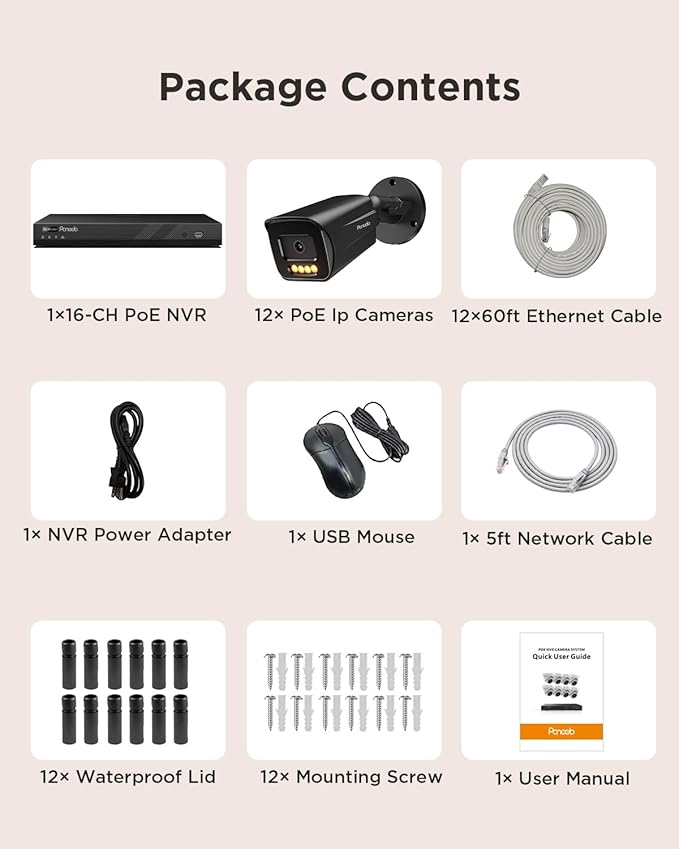 16 Channel Security Camera System, 16CH NVR with 4TB HDD, 12PCS 5MP PoE Commercial IP Camera, Smart Color Night Vision, 2 Way Audio, AI Human Vehicle Detection, Remote Access, PB65B1216-5MD