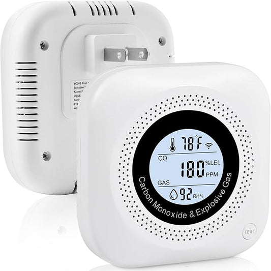 Plug-in Carbon Monoxide & Natural Gas Leak Detector, 4-in-1 CO, Methane, Propane Alarm with Temperature & Humidity Monitor for Home, Kitchen, RV, Hotel, Travel – White