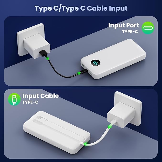 Portable Charger PowerBank 40,800mAh with 2 Built-in Cables,25W PD Fast Charging +QC 4.0 Quick Phone Charging Power Bank, 5 Outputs LCD Display USB C Battery Pack for iPhone 16/15 Android Galaxy etc