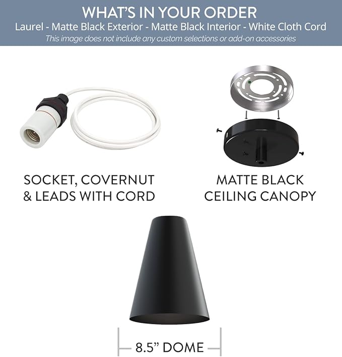 Steel Lighting Co. Laurel Pendant Light | Ceiling Mounted | 8.5 inch Cone Shade | Modern Contemporary Farmhouse Style Made in America | White Cloth Cord | Matte Black Exterior/Matte Black Interior