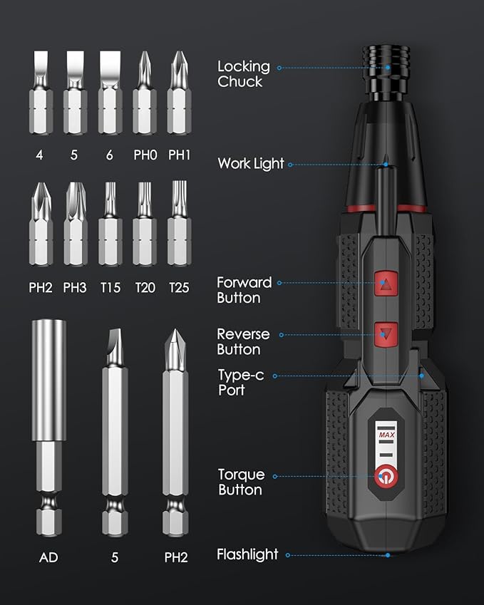 Upgraded 4.2V Electric Cordless Screwdriver, Rechargeable Screwdriver Set with 13 Bits, 3 Torque Settings, 1600mAh Battery & Dual LED Lights, Ideal Tool for Home Repairs, Installation