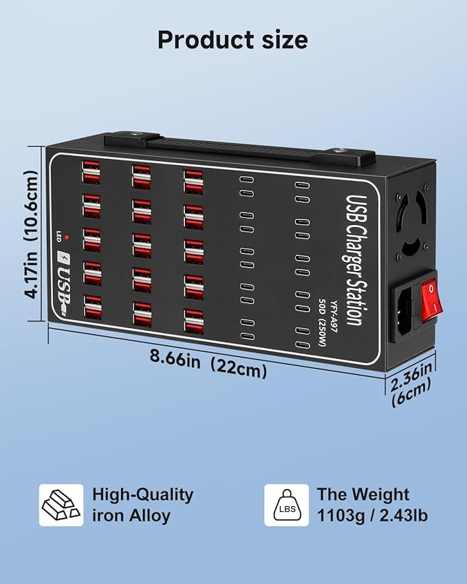 250W USB~c Charging Station, 50 Port (30 USB A & 20 USB~C Port) USB~C Charger Block, Fast Charging Station for Multiple Devices, Desktop USB Charger Compatible for iPhone, iPad, Tablets