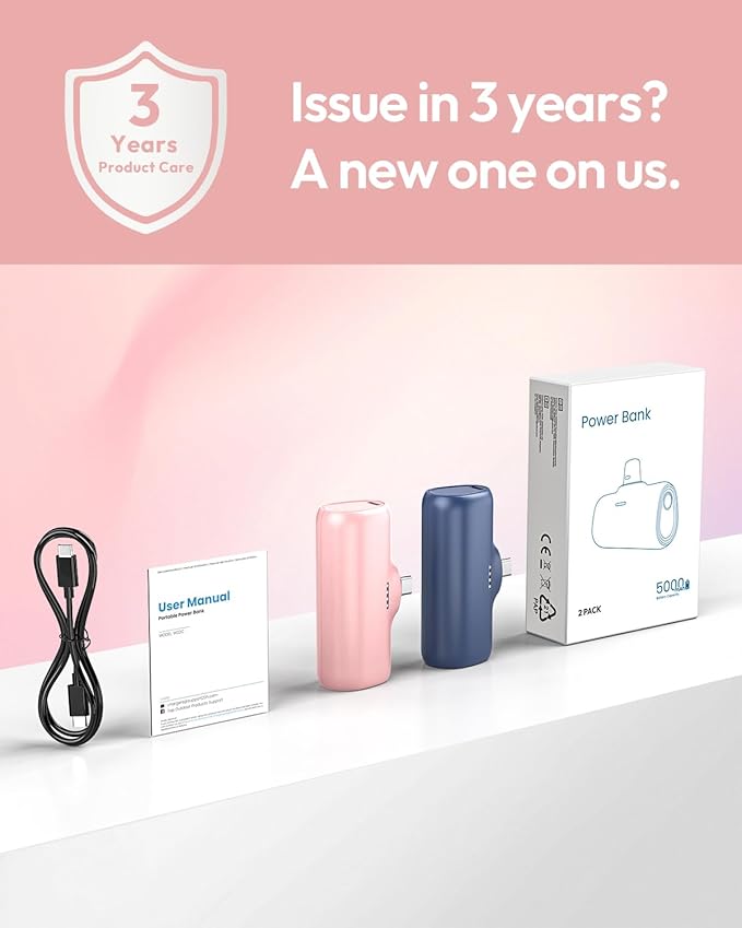 A ADDTOP [2 Pack Mini Portable Charger 5000mah Power Bank, 15W Fast Charging Portable Phone Charger, Ultra-Compact USB C Battery Pack Compatible with iPhone 16/15 Series/Galaxy/Android etc
