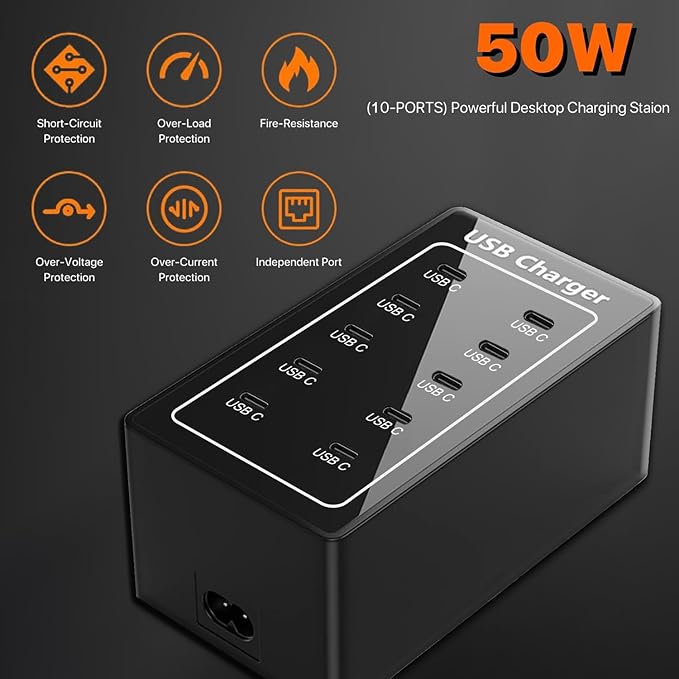 USB C Charger, 50W USB Charging Station for Multiple Devices, 10-Ports Power Hub Strip Smart Plug Charging Dock Charge Block Compatible with iPhone/Google/Tablet and More