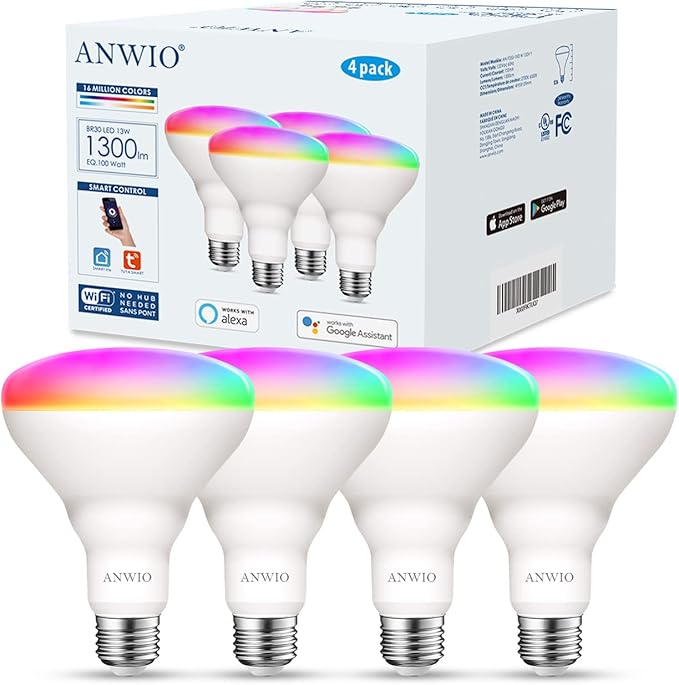 ANWIO Smart Light Bulb BR30 RGB Color Changing LED WiFi Dimmable Multicolor Light Bulbs E26 Base, Compatible with Alexa, Google Assistant, No Hub Required, 1300 Lumen 13W (100W Equivalent) 4 Pack