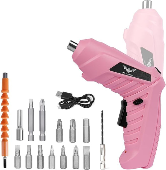 15 in 1 Electric Screwdriver Cordless Rechargeable Pink Small Power Drill Set 3.6V Li-ion 3.5N·m Max Torque Electric Rotatable with Case LED Light for Women Home Office DIY Tools